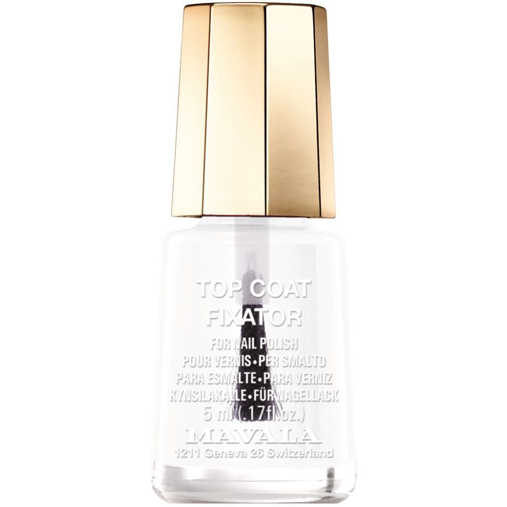 Flacone di smalto trasparente con tappo dorato. Scritta: TOP COAT FIXATOR. Contiene 5 ml.