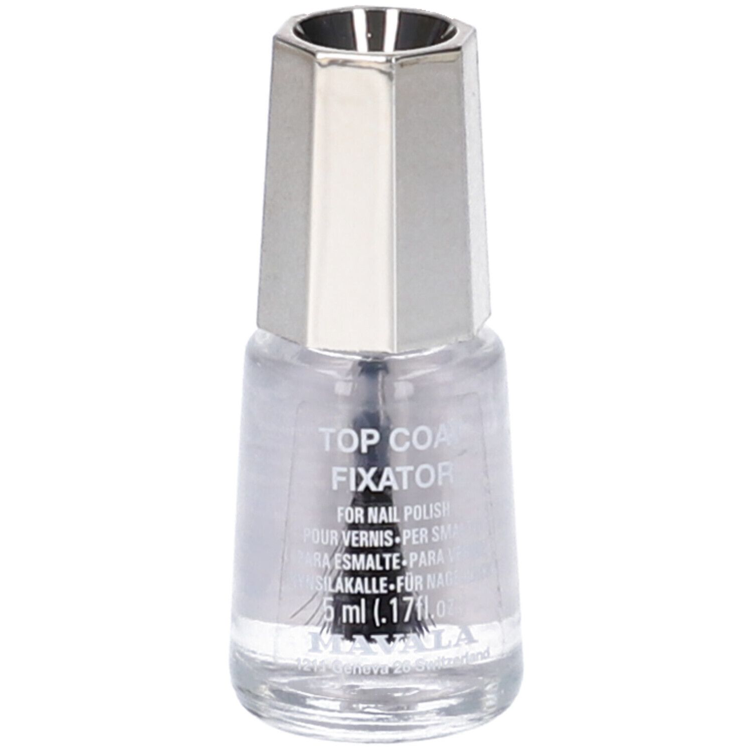 Flacone di smalto trasparente con tappo argentato. Scritta: TOP COAT FIXATOR. Contiene 5 ml.