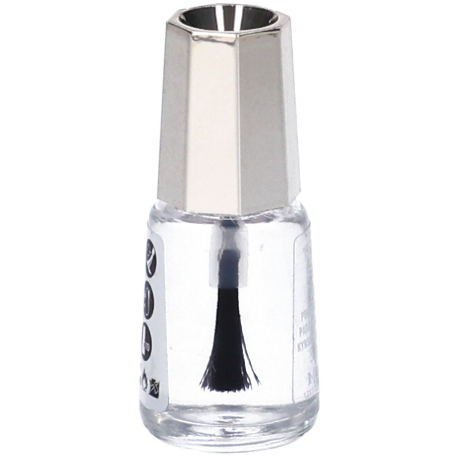 Flacone di smalto trasparente con tappo argentato. Pennello visibile. Scritta: TOP COAT FIXATOR. Contiene 5 ml.
