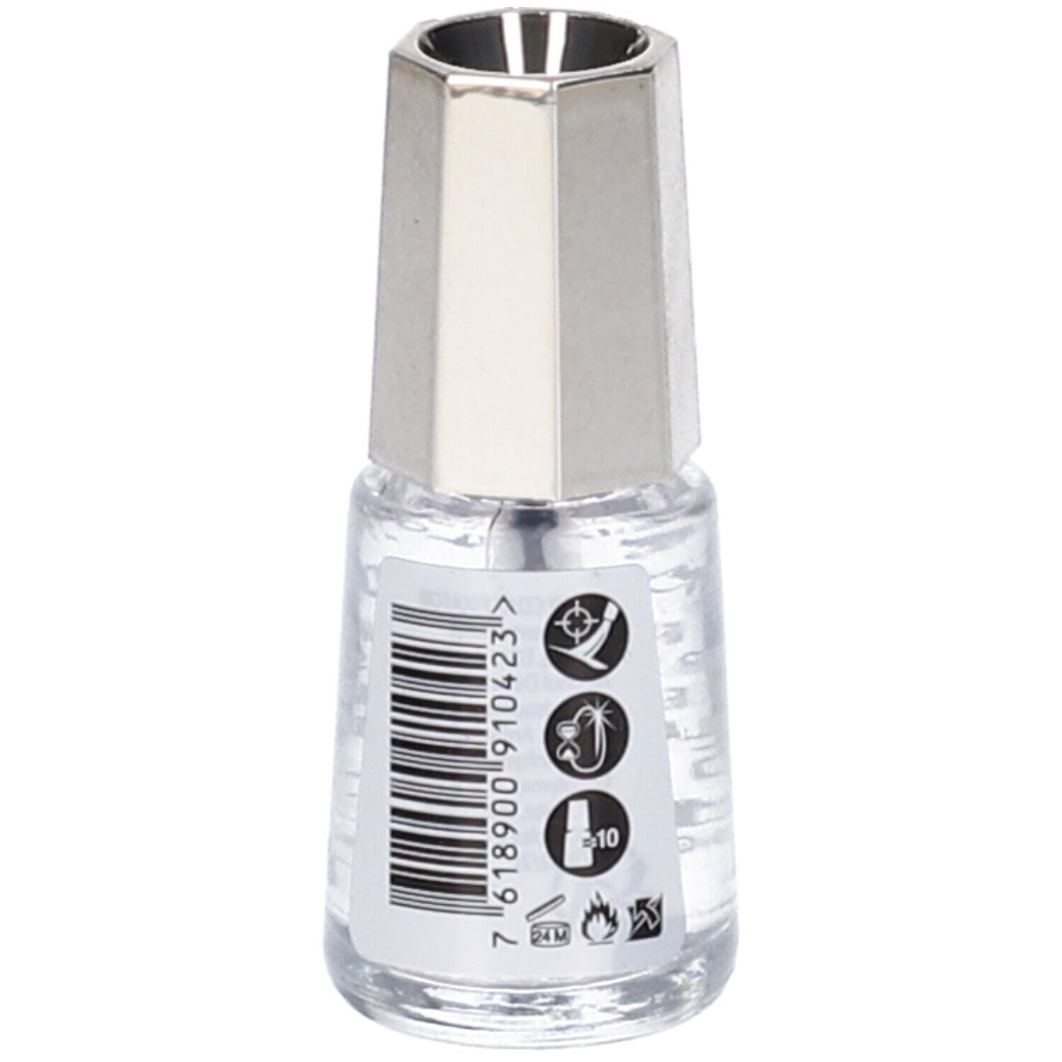 Flacone di smalto trasparente con tappo argentato. Retro con codice a barre e simboli. Contiene 5 ml.