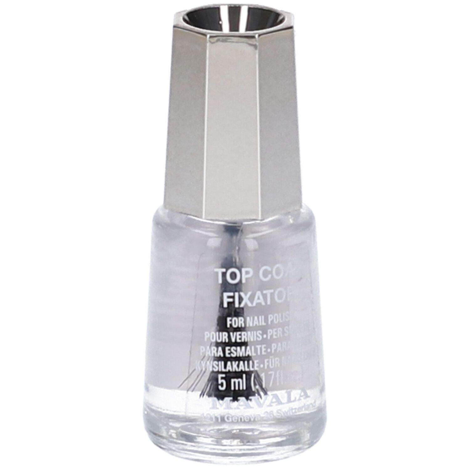 Flacone di smalto trasparente con tappo argentato. Scritta: TOP COAT FIXATOR. Contiene 5 ml.