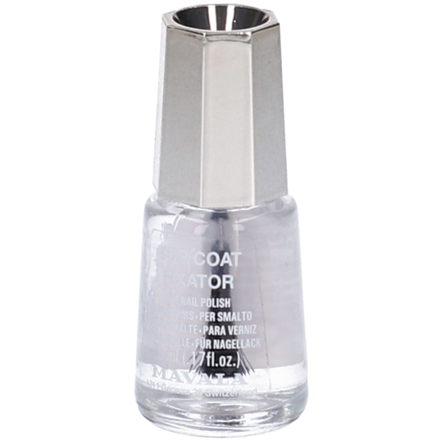 Flacone di smalto trasparente con tappo argentato. Scritta: TOP COAT FIXATOR. Contiene 5 ml.