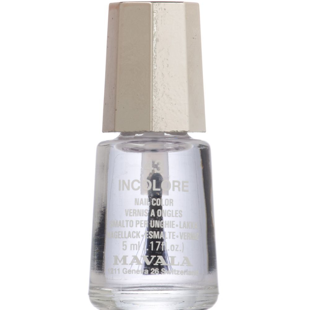 Smalto trasparente in flacone di vetro con tappo argentato. Scritta: INCOLORE, 5 ml.