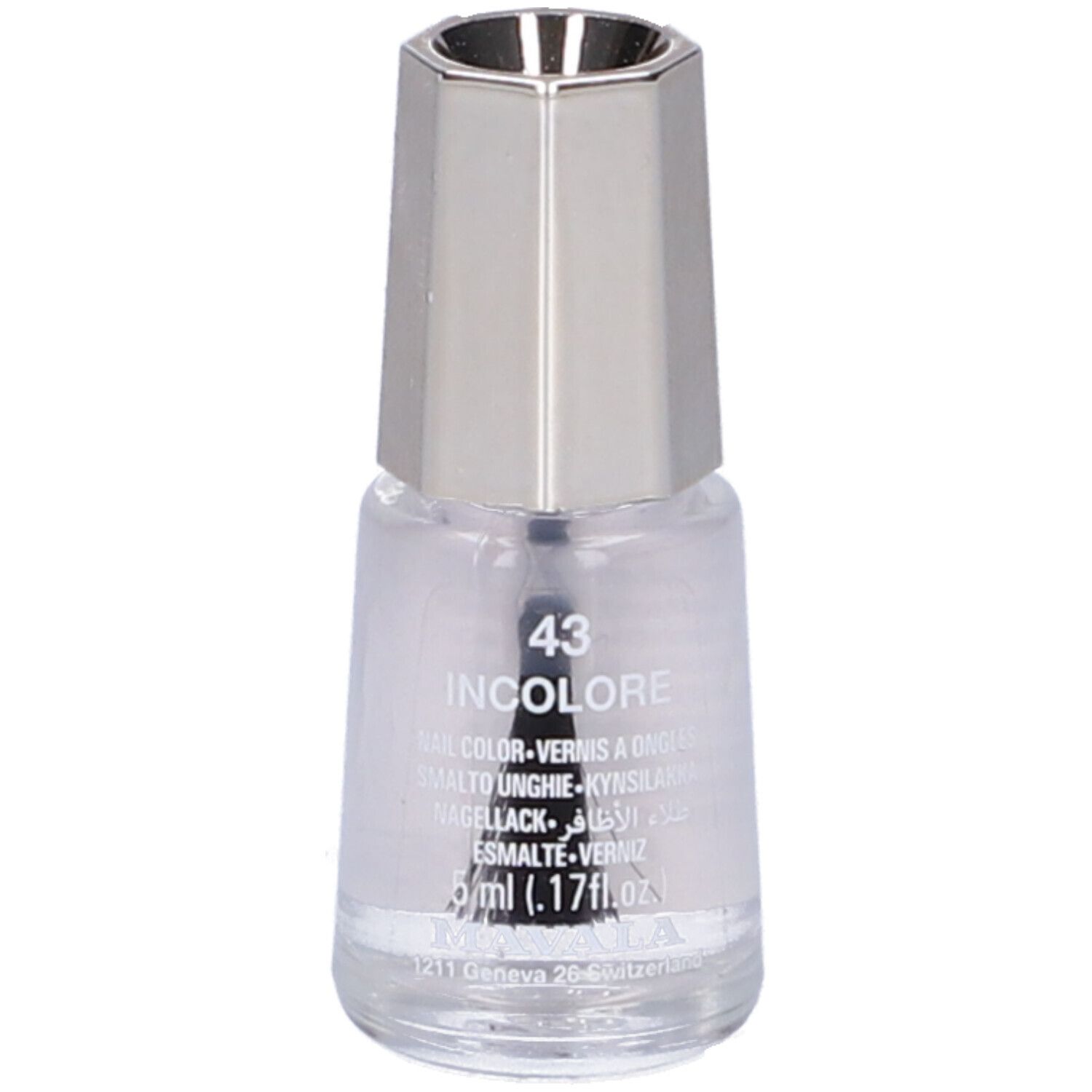 Smalto trasparente in flacone di vetro con tappo argentato. Scritta: 43 INCOLORE, 5 ml.