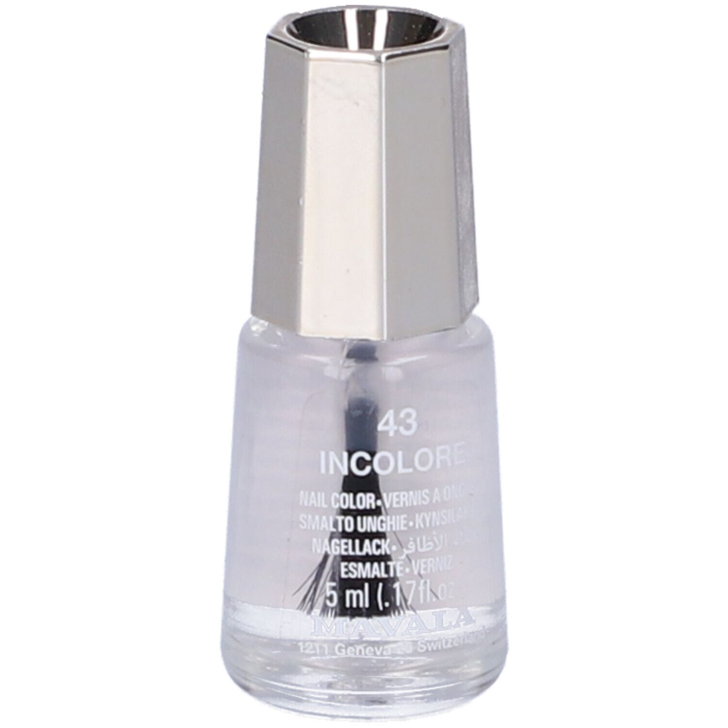 Smalto trasparente in flacone di vetro con tappo argentato. Pennello visibile. Scritta: 43 INCOLORE, 5 ml.
