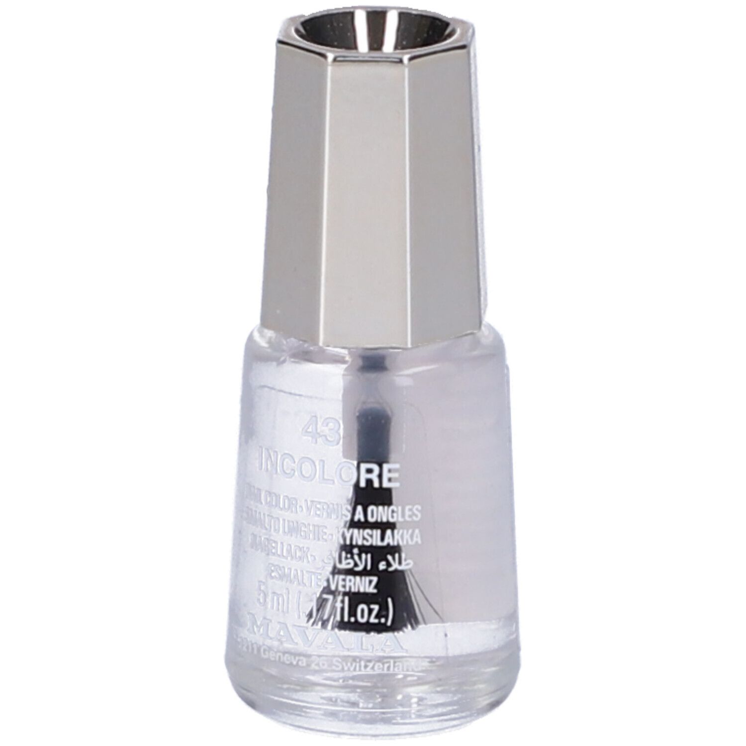 Smalto trasparente in flacone di vetro con tappo argentato. Pennello visibile. Scritta: 43 INCOLORE, 5 ml.