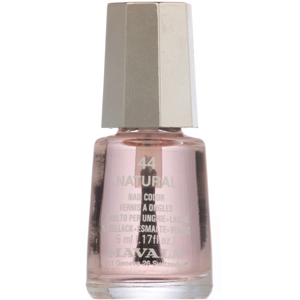 Flacone di smalto con tappo argentato. Scritta: 44 NATURAL. Contenuto rosa. Marchio MAVALA.