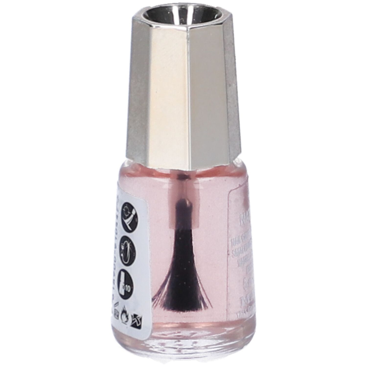 Flacone di smalto con tappo argentato. Scritta: 44 NATURAL. Contenuto rosa. Marchio MAVALA. Retro con simboli.