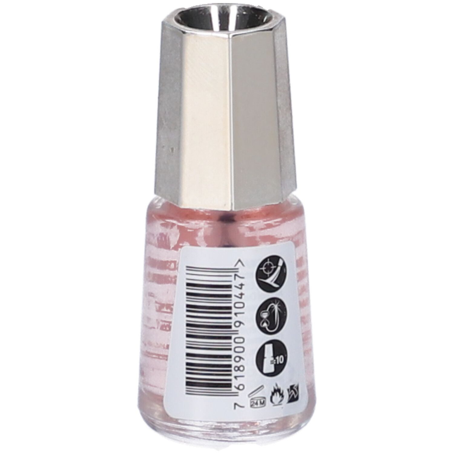 Flacone di smalto con tappo argentato. Scritta: 44 NATURAL. Contenuto rosa. Retro con simboli e codice a barre.