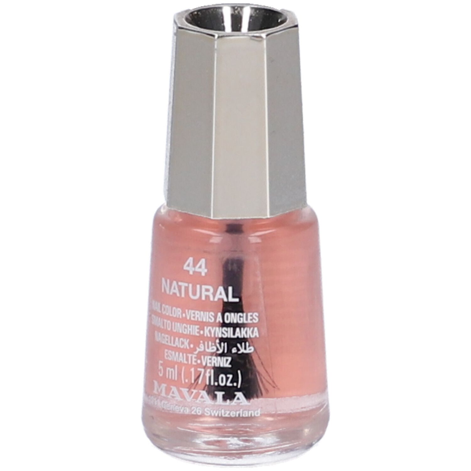 Flacone di smalto con tappo argentato. Scritta: 44 NATURAL. Contenuto rosa. Marchio MAVALA.