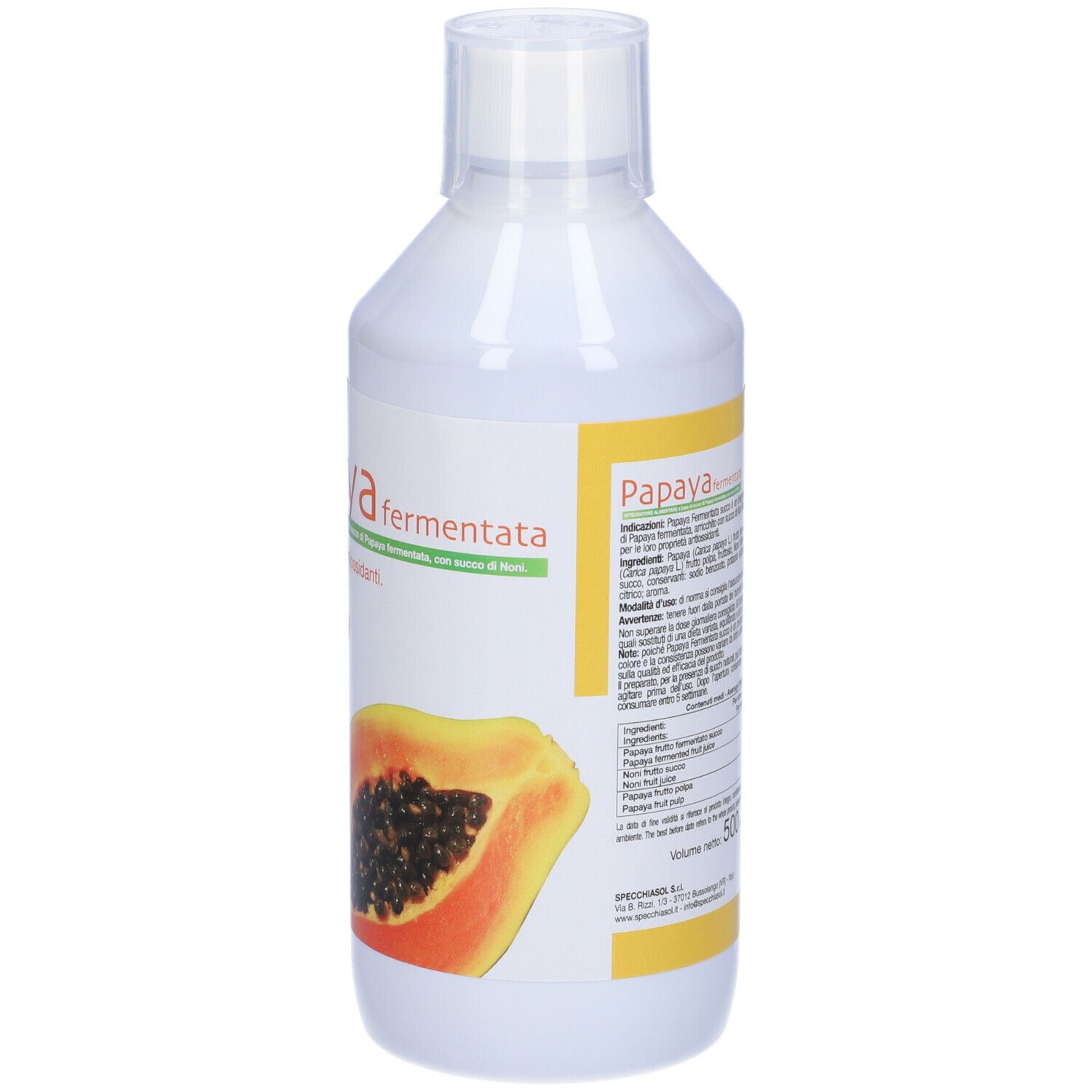Bottiglia bianca con etichette gialle. Scritta: Papaya fermentata, con illustrazione di papaya. Senza glutine. Etichetta in italiano.