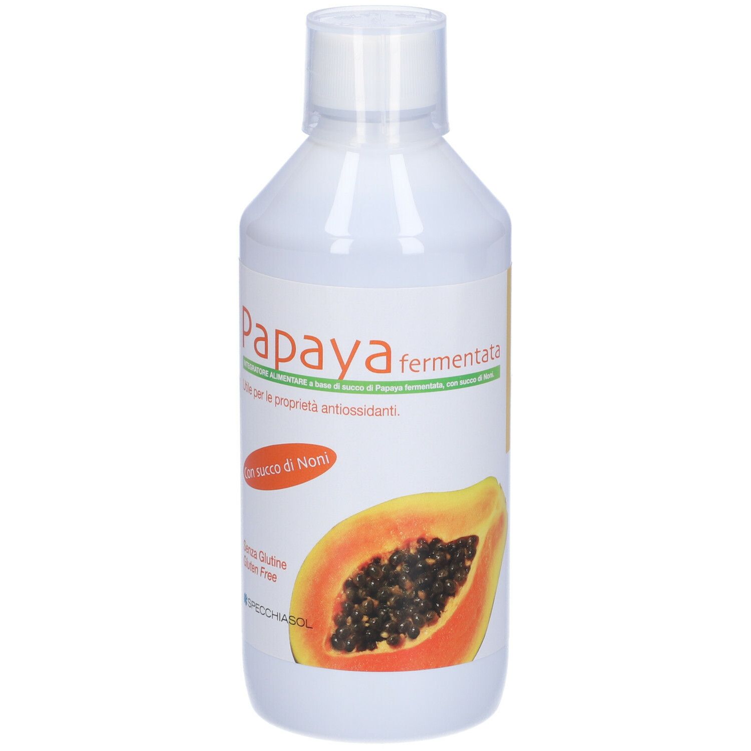 Bottiglia bianca con etichette gialle. Scritta: Papaya fermentata, con illustrazione di papaya. Senza glutine. Etichetta in italiano.