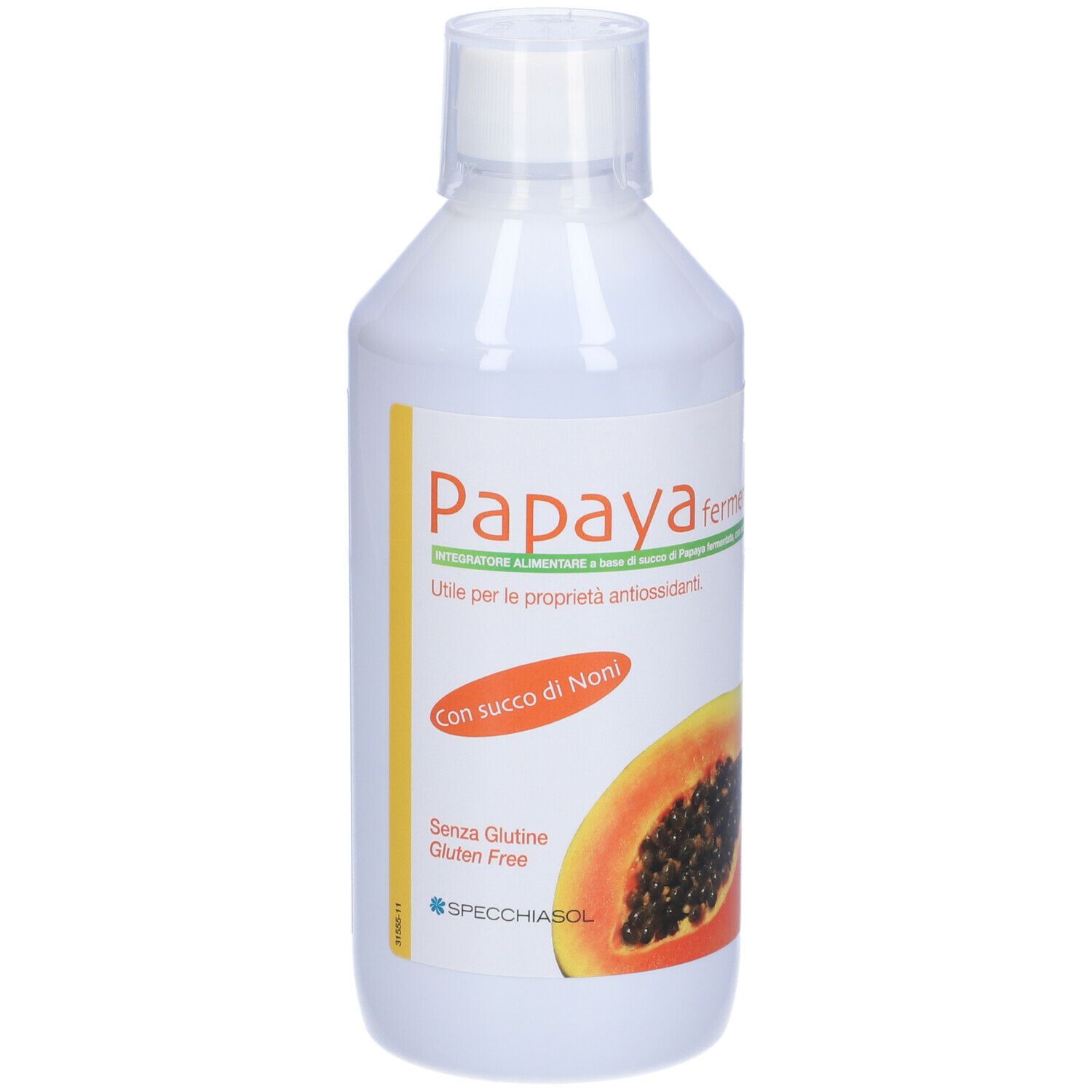 Bottiglia bianca con etichette gialle. Scritta: Papaya fermentata, con illustrazione di papaya. Senza glutine. Etichetta in italiano.