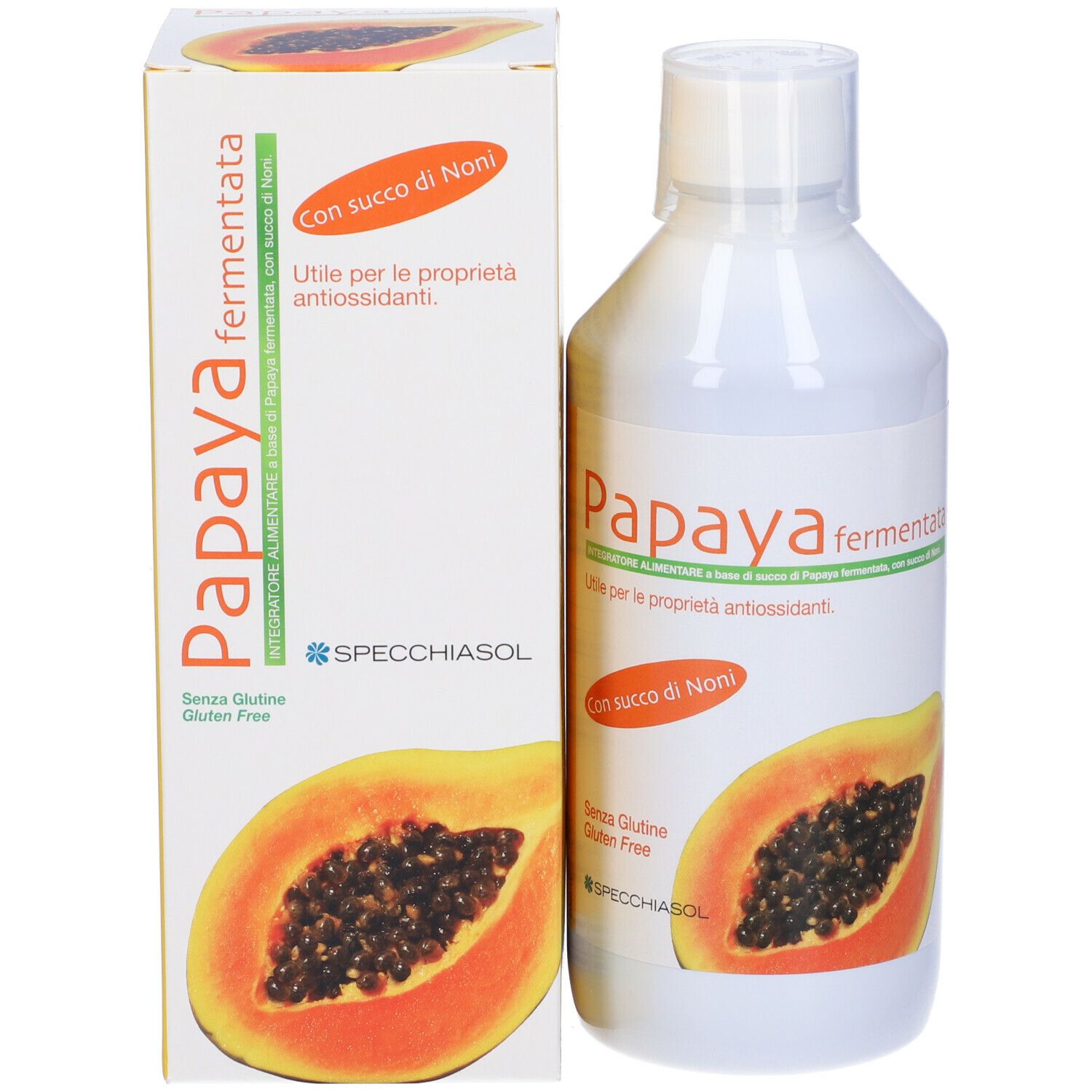 Confezione del prodotto con bottiglia e scatola. Scritta: Papaya fermentata, con illustrazione di papaya. Senza glutine. Marchio Specchiasol.