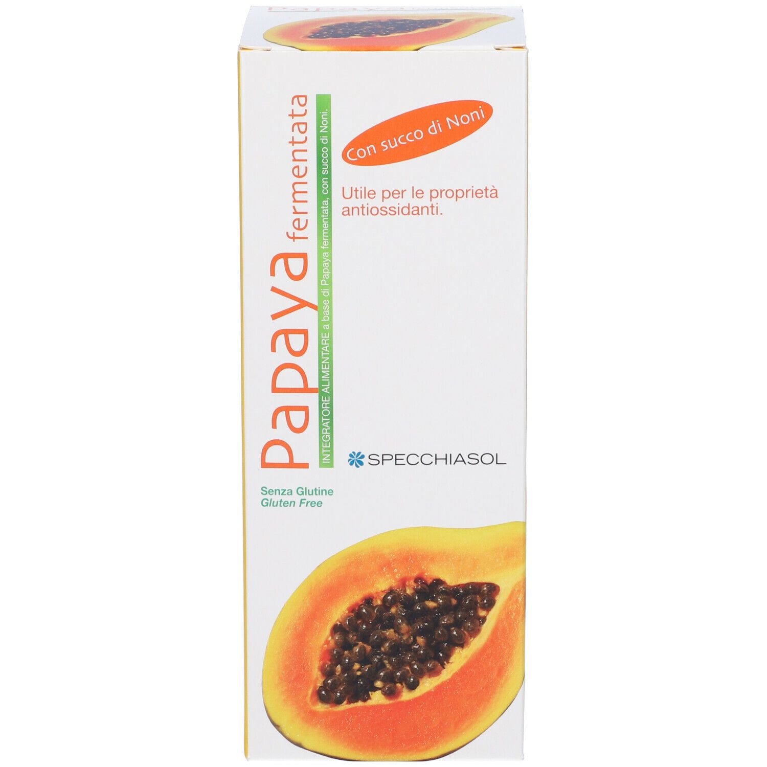 Confezione del prodotto. Scritta: Papaya fermentata, con illustrazione di papaya. Senza glutine. Marchio Specchiasol. Scatola con informazioni.