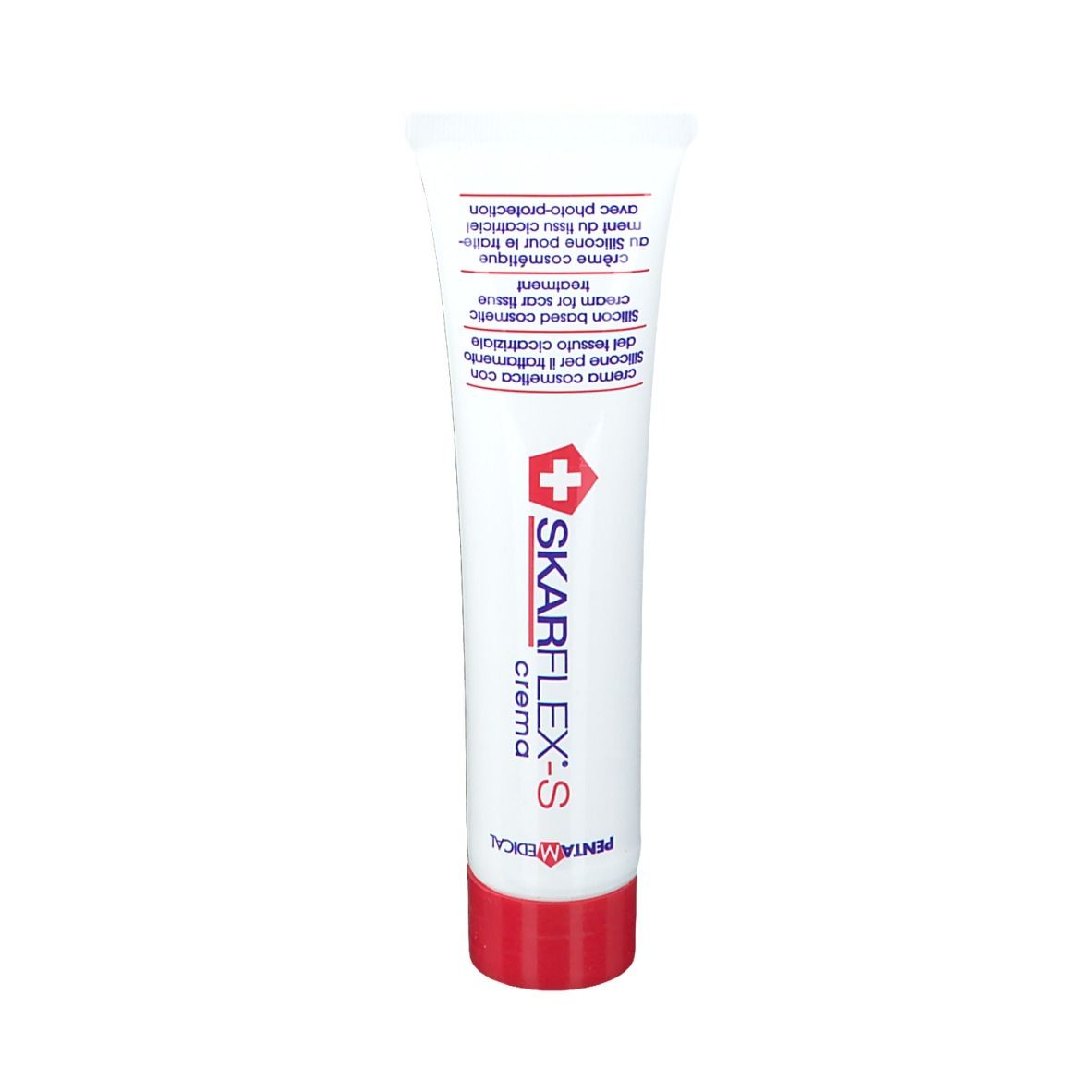 Tube de crème Skarflex-S. Crème pour le traitement des cicatrices. Contient une croix rouge. Bouchon rouge.