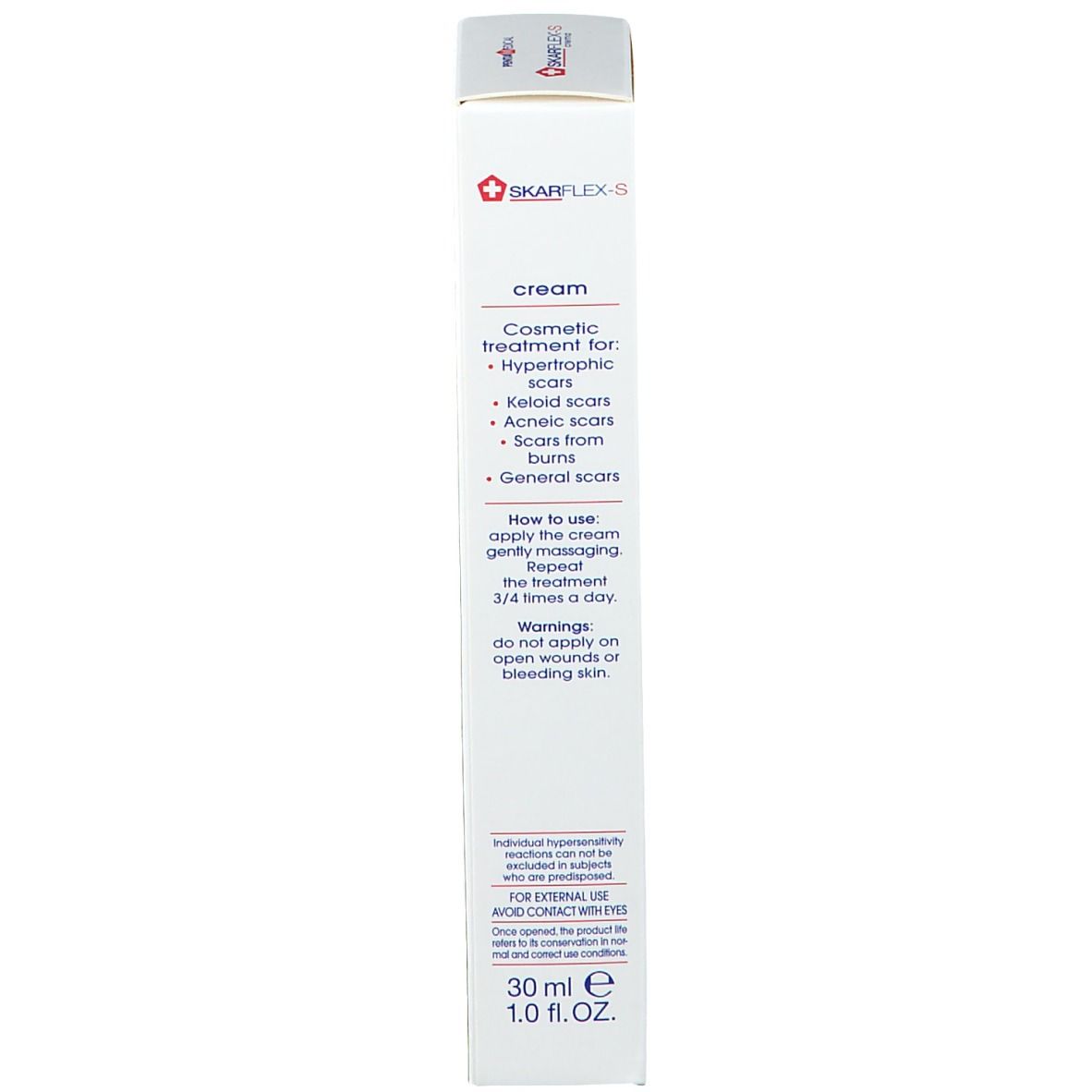Boîte. Texte sur la crème. Liste des zones d'application. 30 ml.
