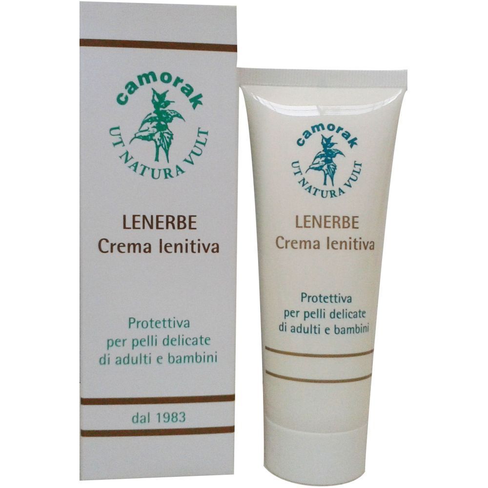 Tubo di crema e scatola. Scritta: Lenerbe Crema lenitiva. Protegge la pelle delicata di adulti e bambini. Logo: Camorak.
