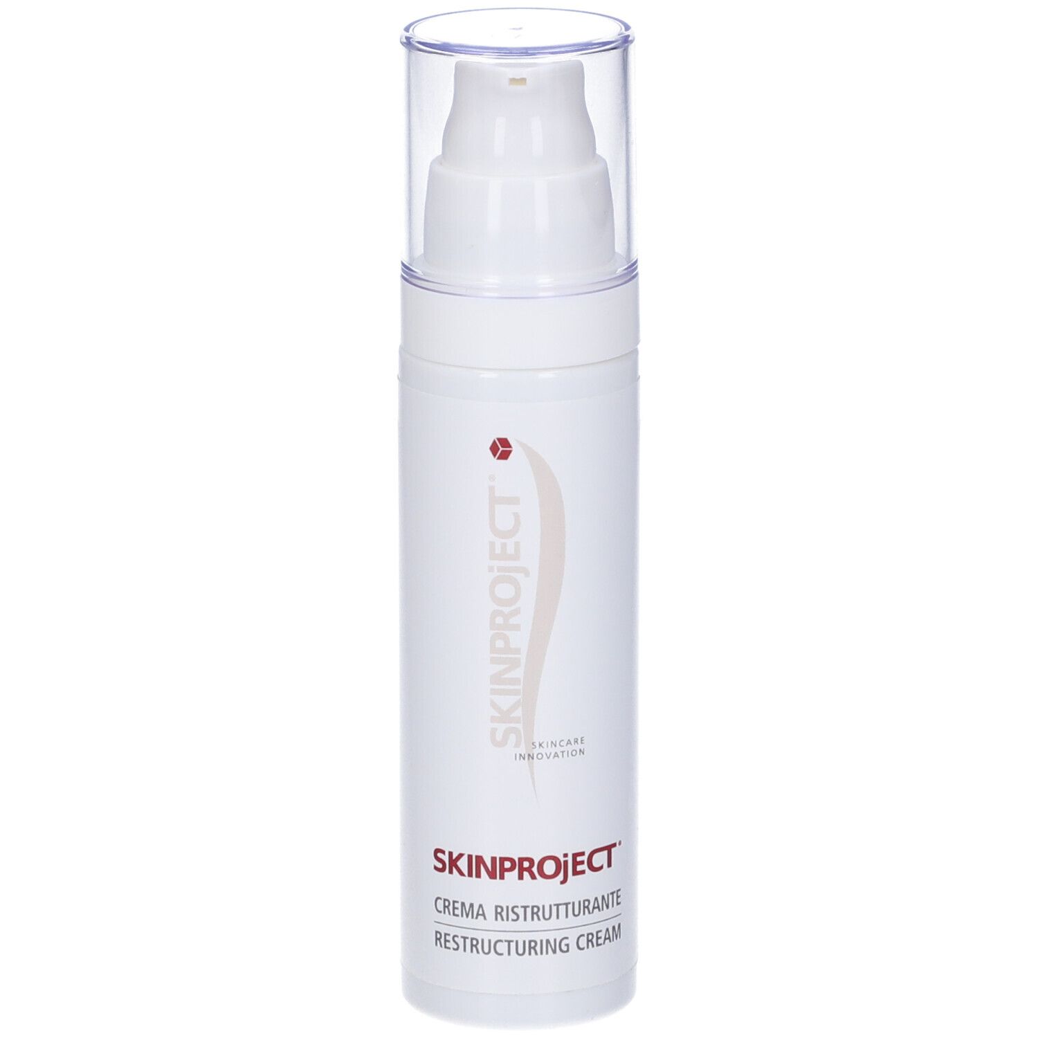 Flacone di crema bianco con chiusura a pompa. Scritta SKINPROJECT CREMA RISTRUTTURANTE. Coperchio trasparente.