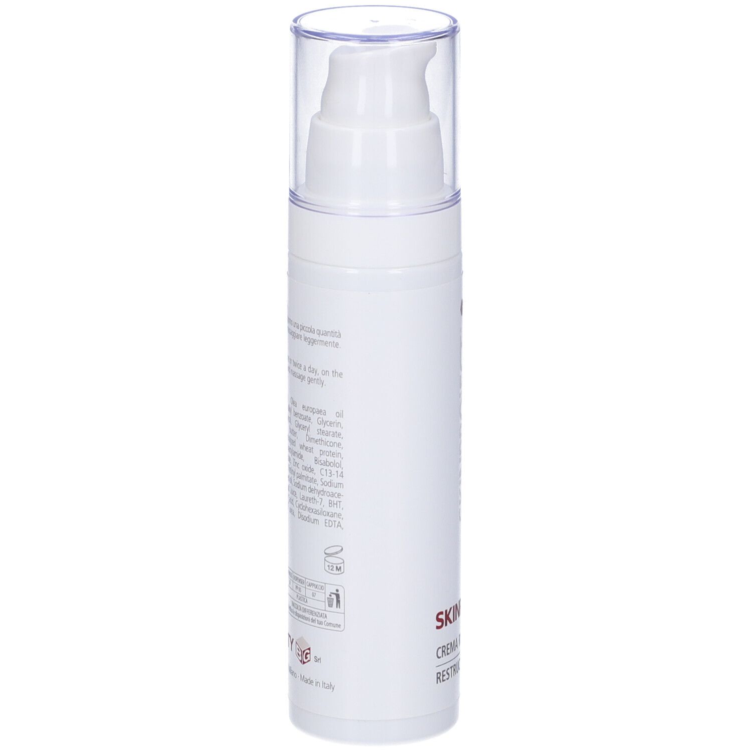 Flacone di crema bianco con chiusura a pompa. Scritta SKINPROJECT CREMA RISTRUTTURANTE. Retro con testo.