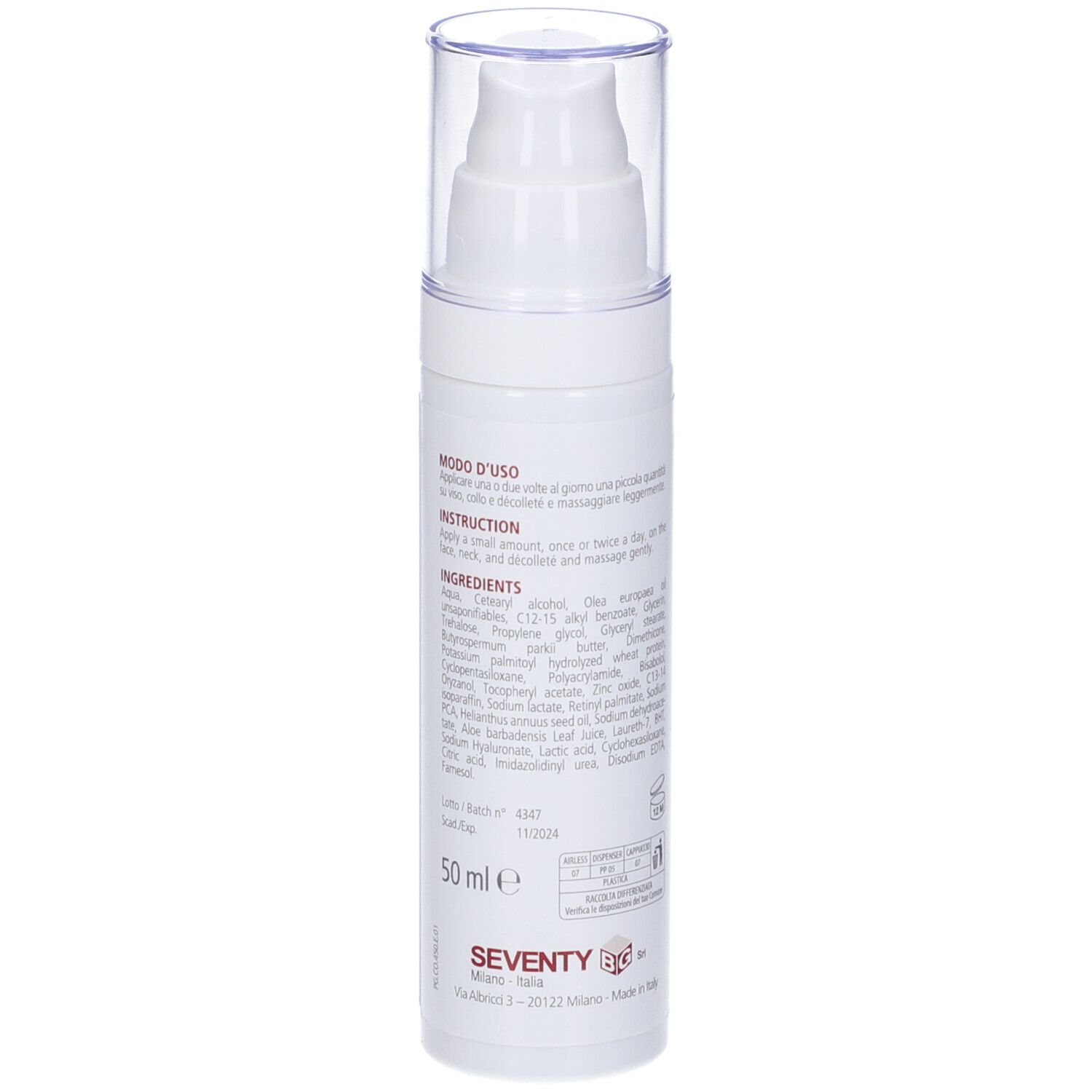 Flacone di crema bianco con chiusura a pompa. Scritta SKINPROJECT CREMA RISTRUTTURANTE. Retro con testo e ingredienti.