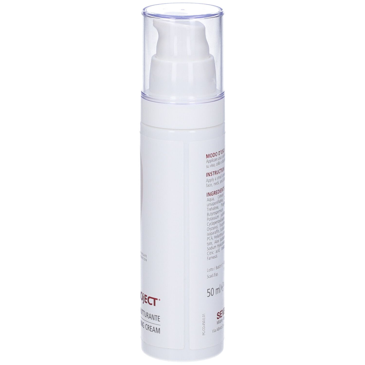 Flacone di crema bianco con chiusura a pompa. Scritta SKINPROJECT CREMA RISTRUTTURANTE. Retro con testo.
