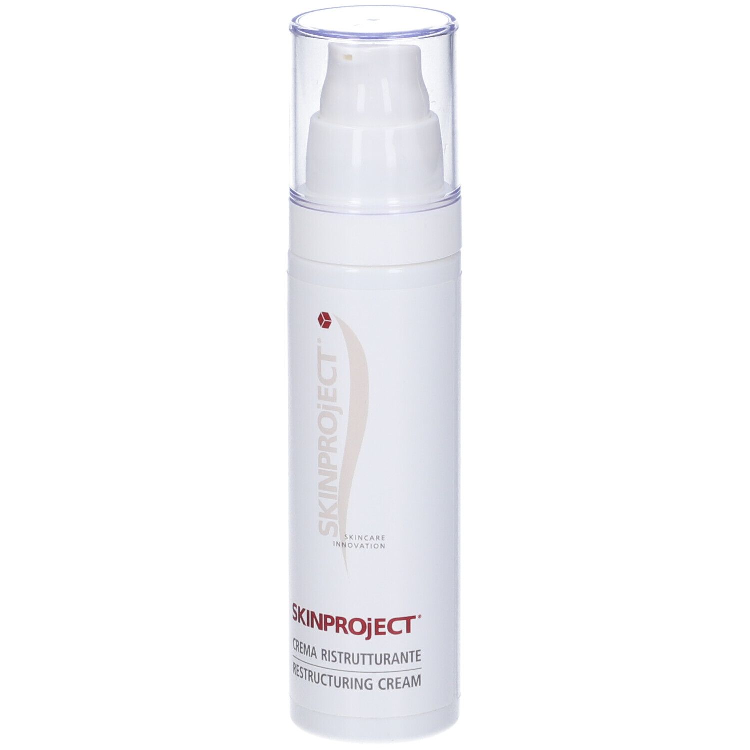 Flacone di crema bianco con chiusura a pompa. Scritta SKINPROJECT CREMA RISTRUTTURANTE.