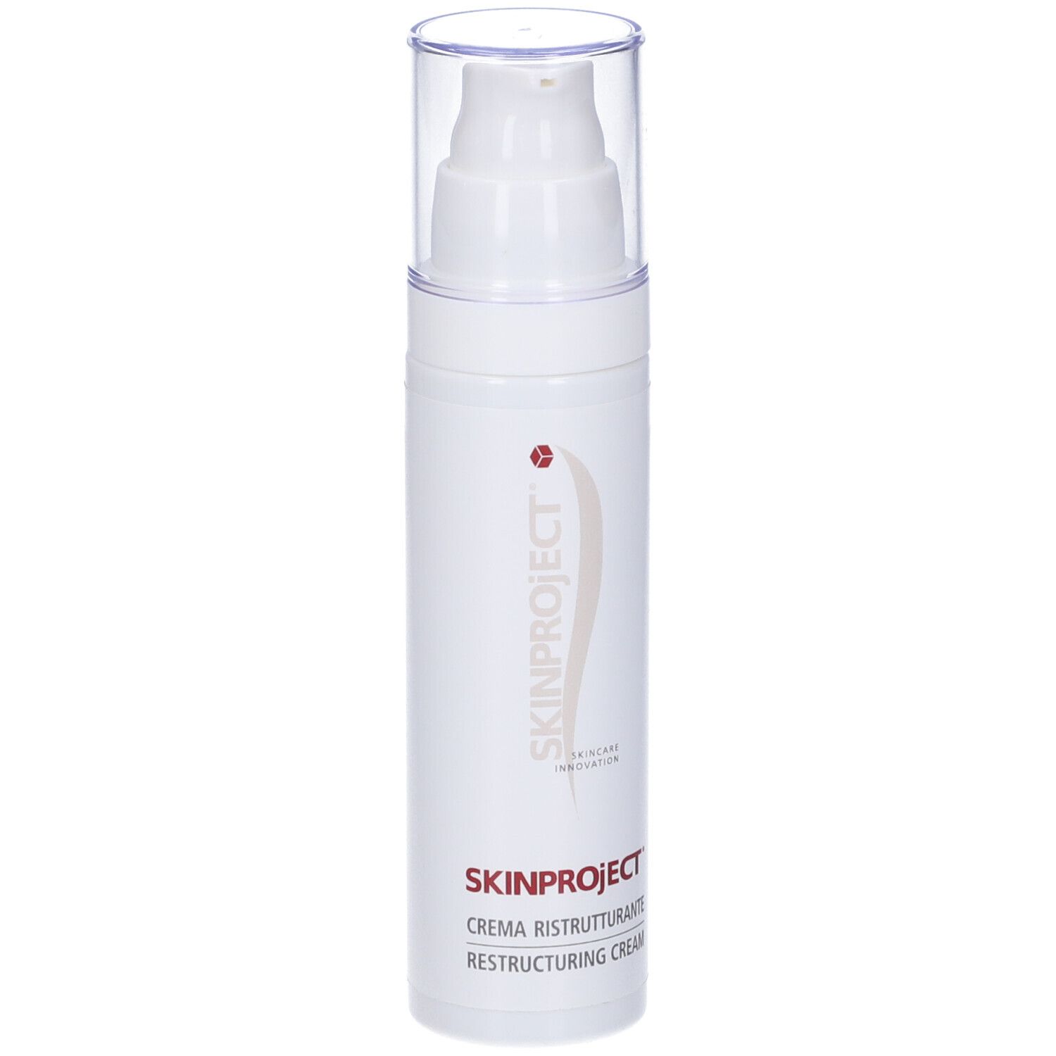 Flacone di crema bianco con chiusura a pompa. Scritta SKINPROJECT CREMA RISTRUTTURANTE.