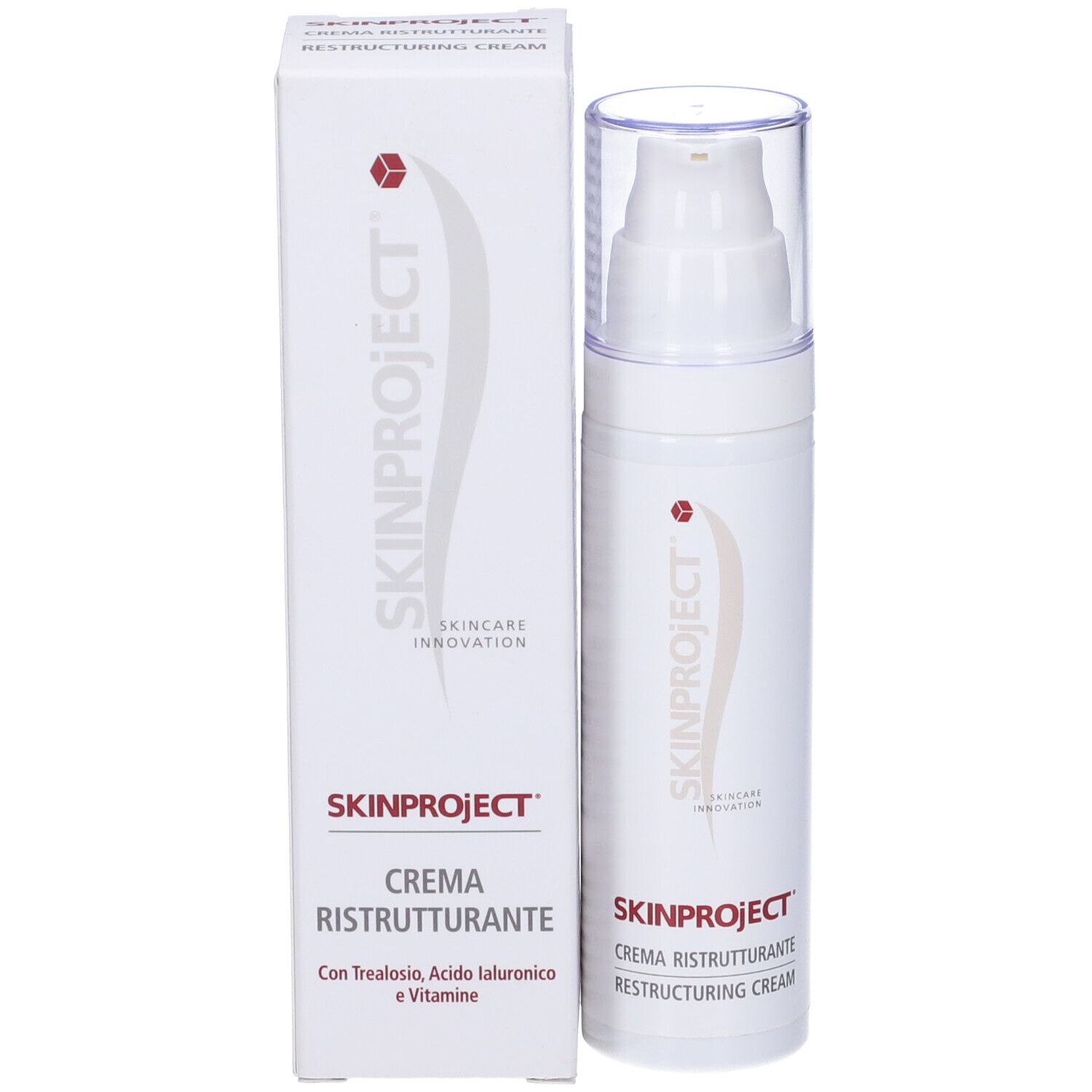 Flacone di crema e confezione. Scritta SKINPROJECT CREMA RISTRUTTURANTE. Sulla confezione c'è scritto SKINPROJECT.