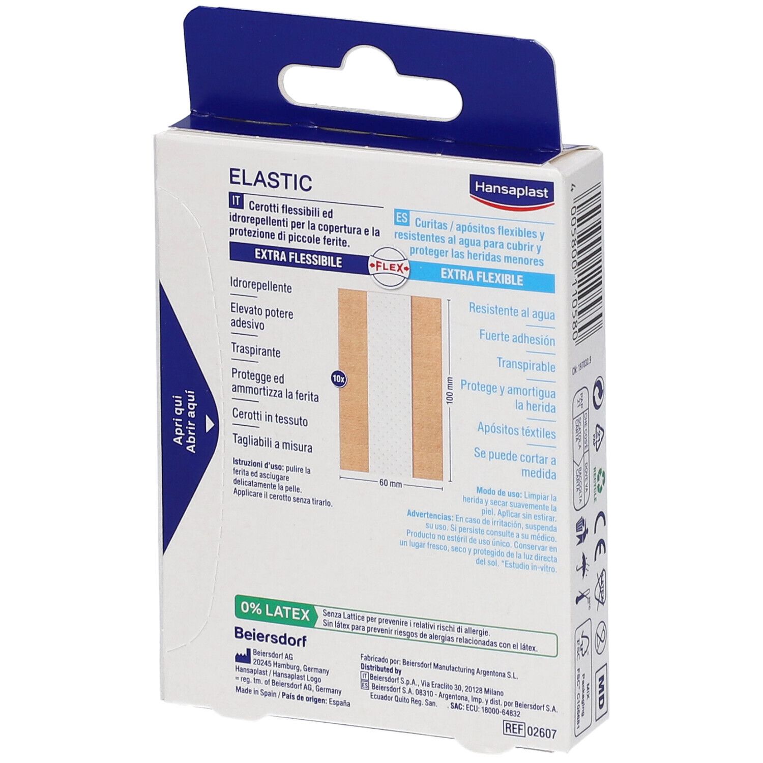 Rückseite Verpackung Hansaplast Elastic. Text: Extra flexibel, wasserabweisend. Inhaltsangaben, Symbole, Hersteller.