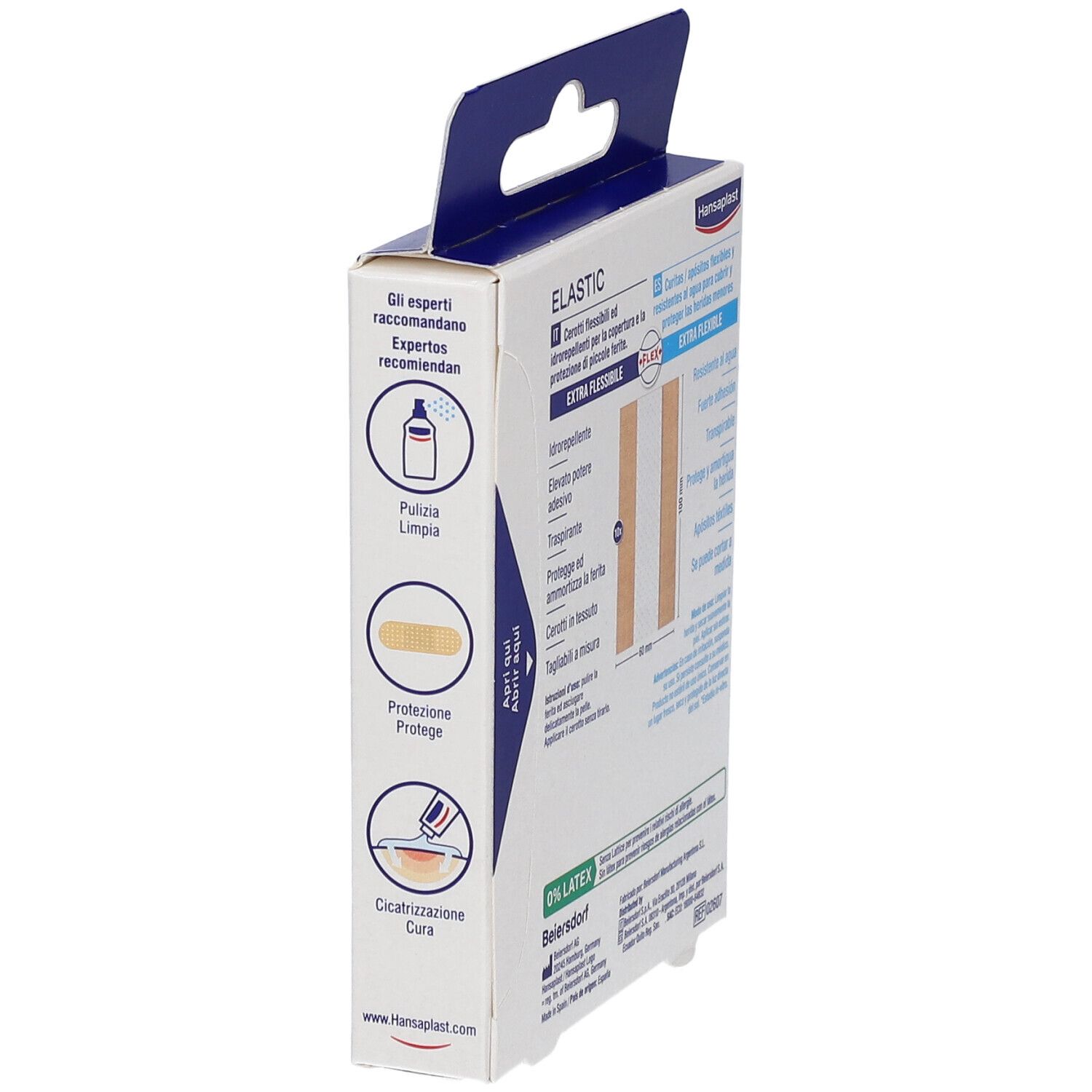 Seitenansicht Verpackung Hansaplast Elastic. Text: Extra flexibel, wasserabweisend. Anwendungshinweise, Symbole.