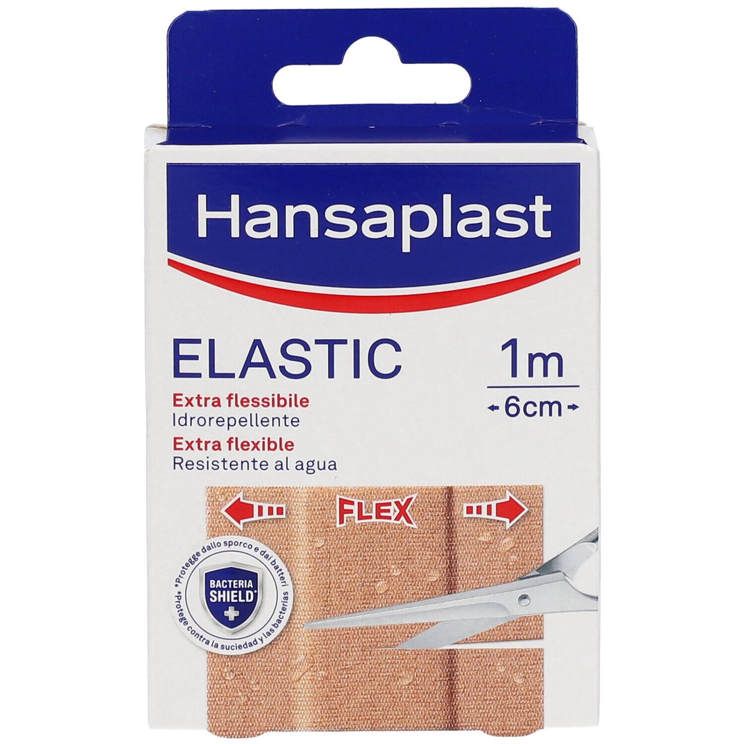 Verpackung Hansaplast Elastic, flexible Pflaster, 1m x 6cm. Text: Extra flexibel, wasserabweisend. Schere und Flex-Symbol.