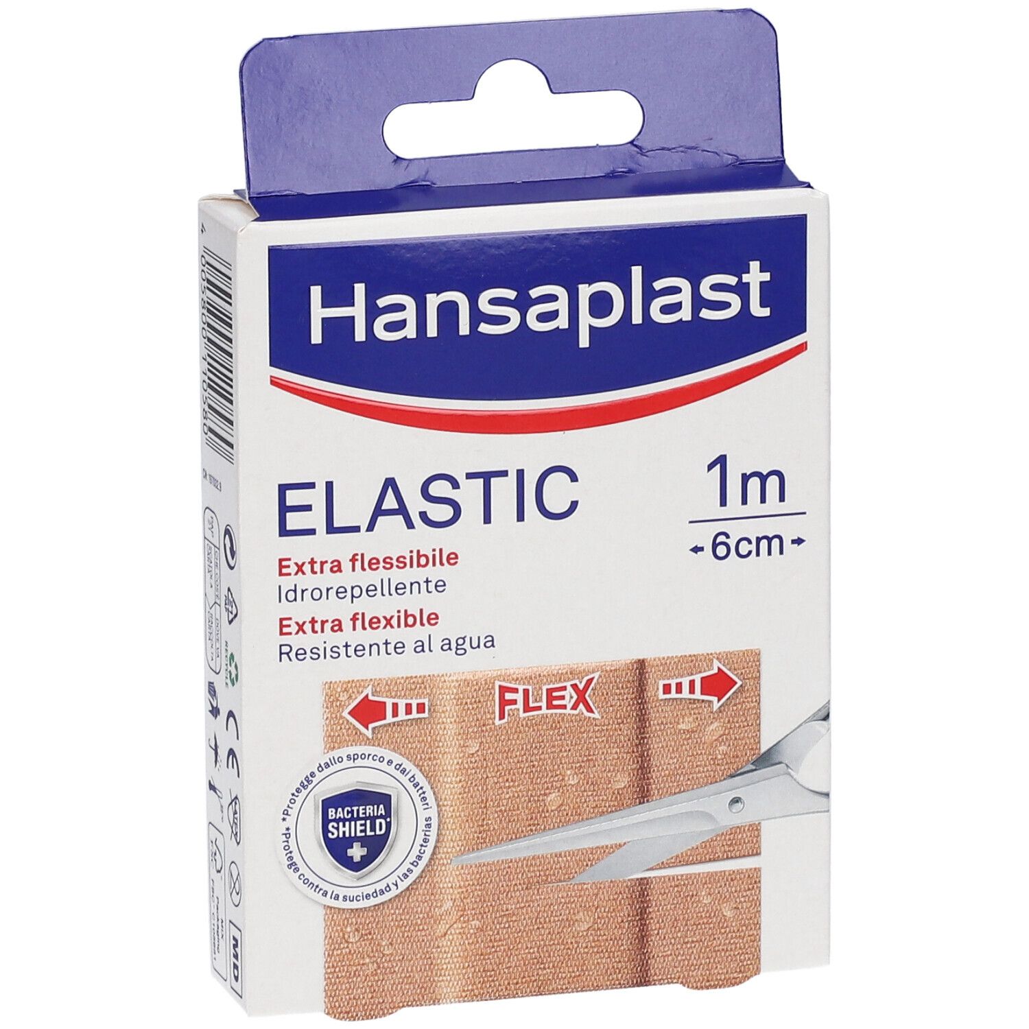 Verpackung Hansaplast Elastic, flexible Pflaster, 1m x 6cm. Text: Extra flexibel, wasserabweisend. Schere und Flex-Symbol.