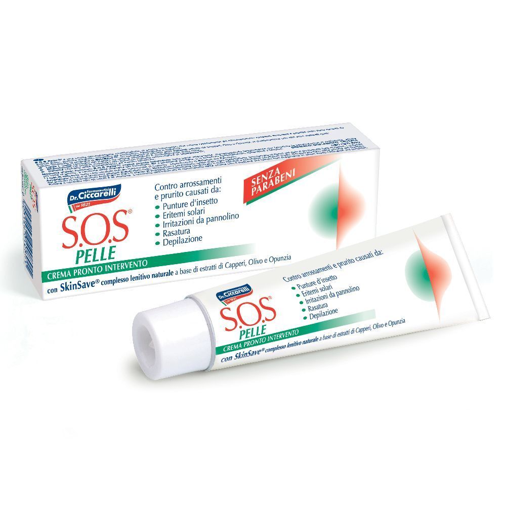 Crème et emballage Dr. Ciccarelli S.O.S.® Pelle. Tube à bouchon blanc, texte et logo. Emballage avec informations sur le produit.