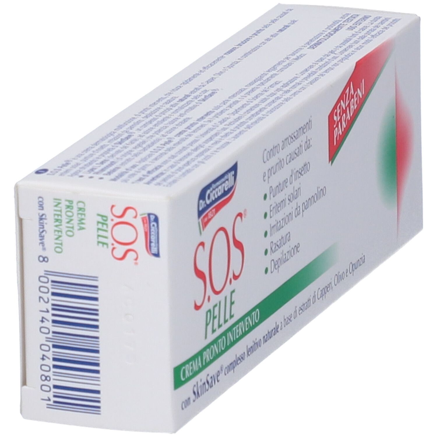 Emballage Dr. Ciccarelli S.O.S.® Pelle. Blanc, avec nom du produit, logo et texte. Contient des informations sur la crème.