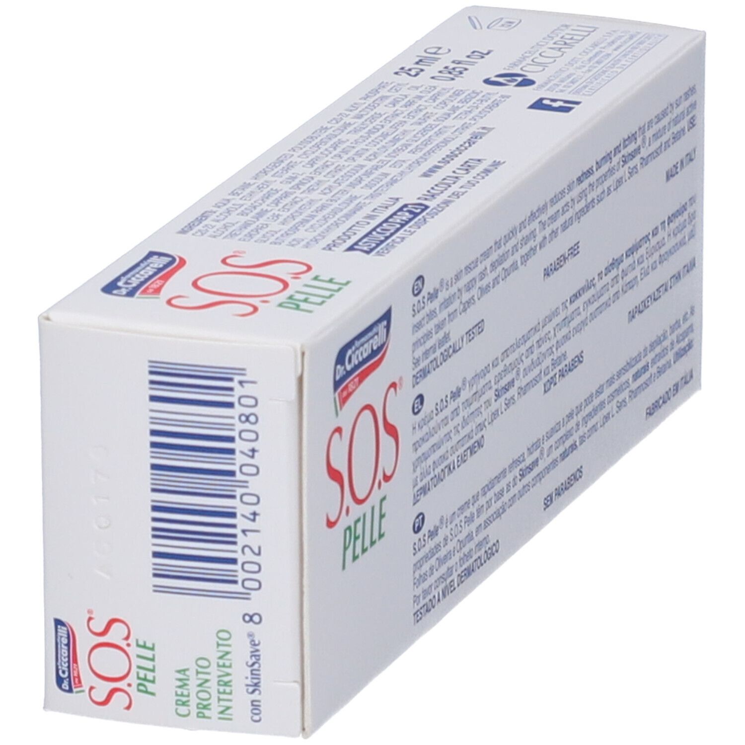Emballage Dr. Ciccarelli S.O.S.® Pelle. Blanc, avec nom du produit, logo et texte. Contient des informations sur la crème.