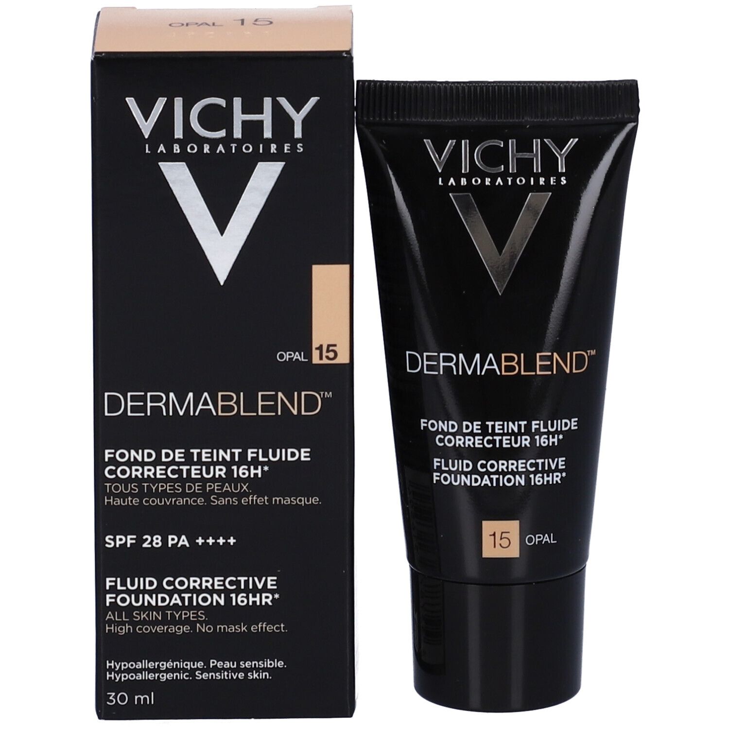 Vichy Dermablend Make-up 15 Opal. Confezione con tubo e testo.