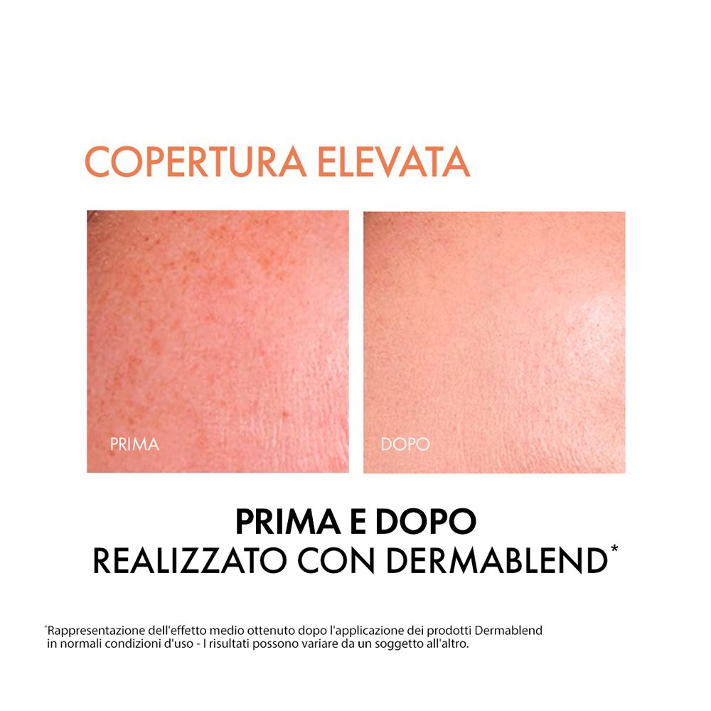 Confronto prima-dopo della pelle. Testo: Prima e dopo realizzato con Dermablend.
