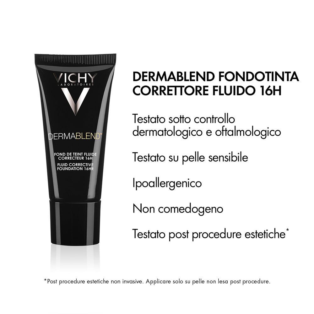Vichy Dermablend Make-up. Tubo nero. Testo: Dermablend Fondotinta correttore fluido 16H. Testato su pelle sensibile.