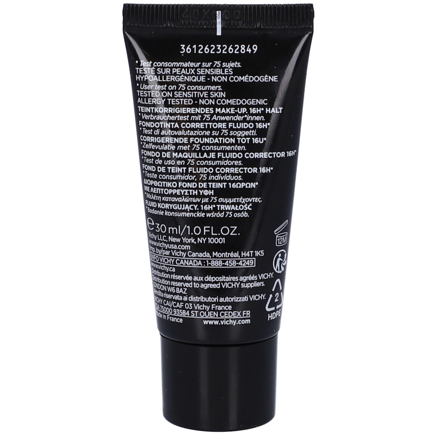 Rückseite der Make-up-Tube. Text: Inhaltsstoffe, Herstellerinformationen.