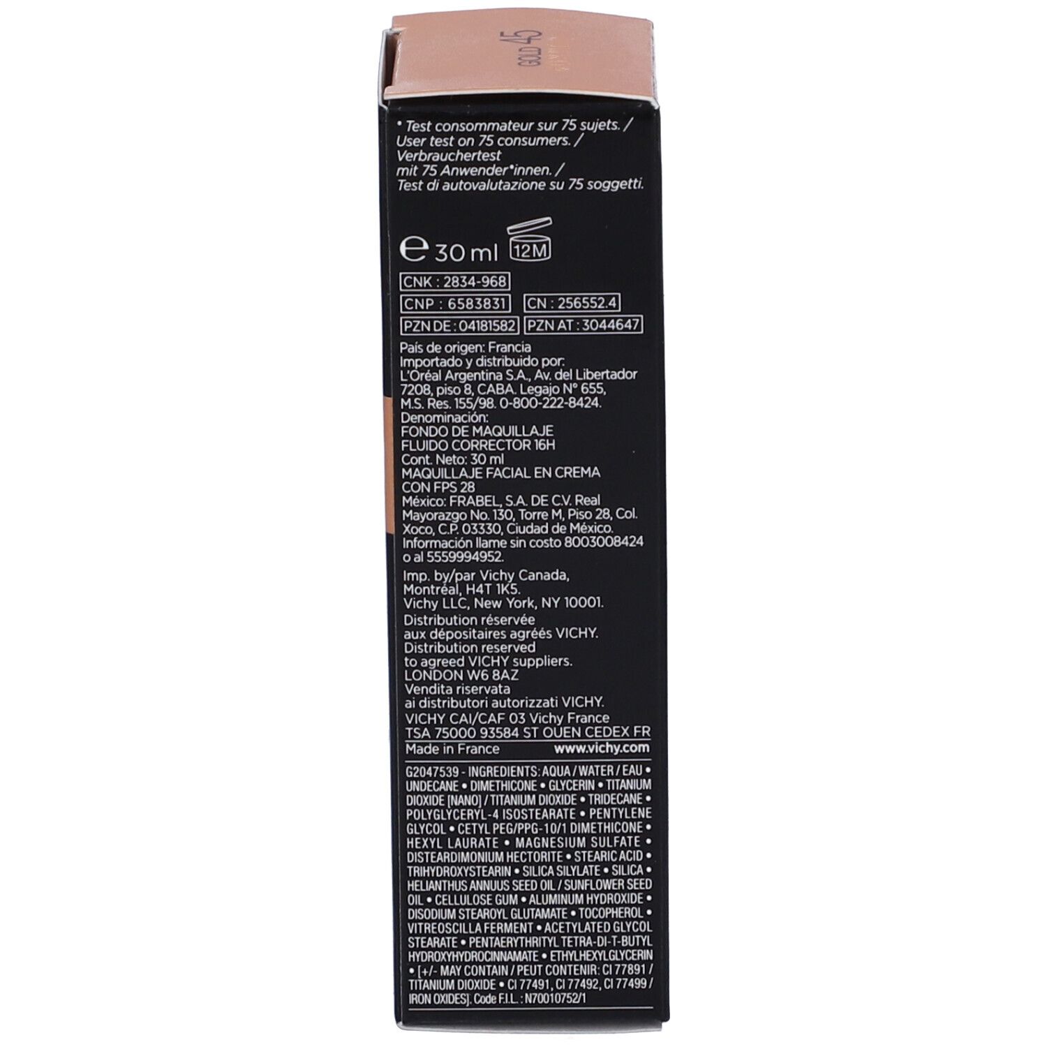 Rückseite der Make-up-Verpackung. Text: Inhaltsstoffe, Herstellerinformationen.