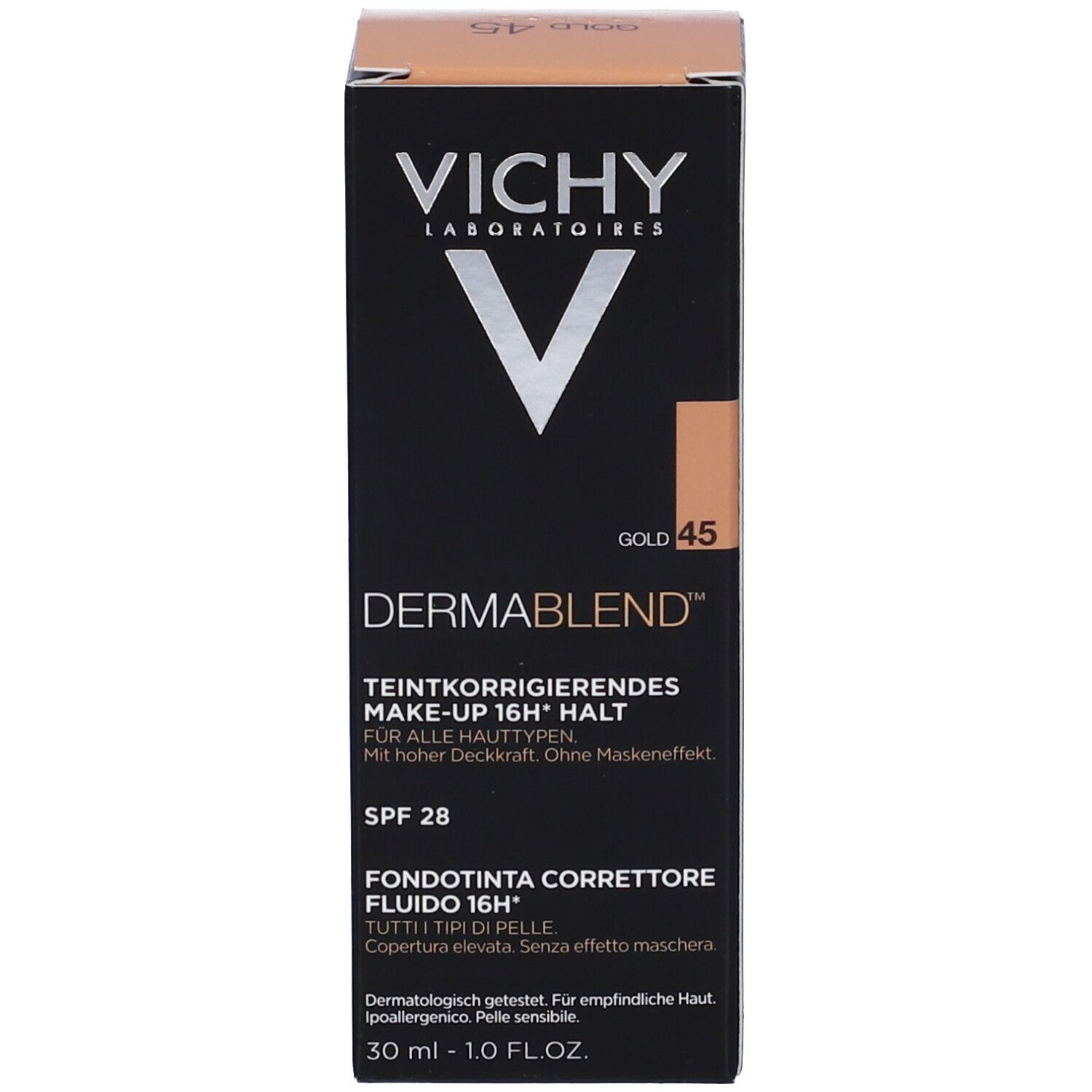 Vichy Dermablend Make-up Verpackung. Text in mehreren Sprachen.