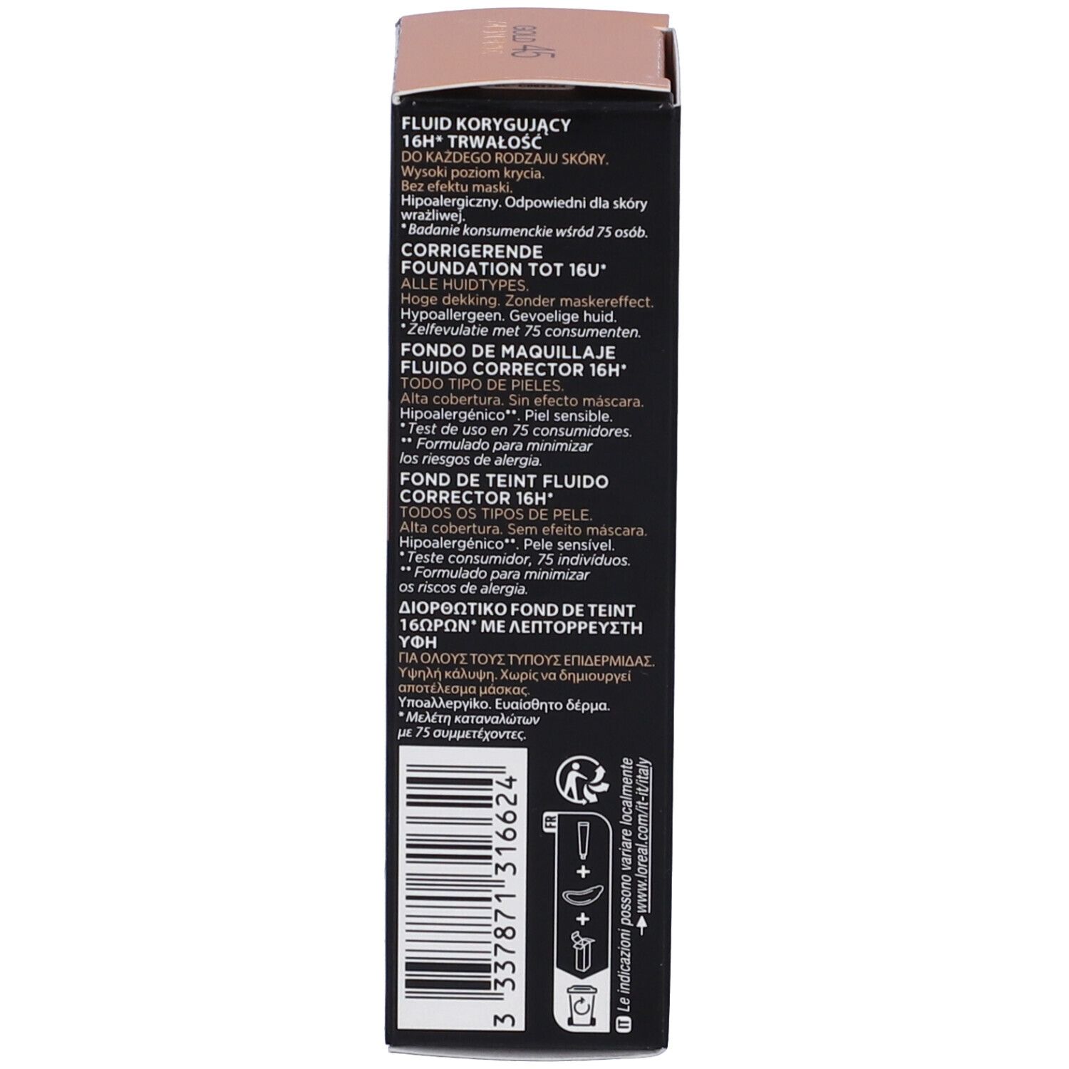 Rückseite der Make-up-Verpackung. Text in mehreren Sprachen.
