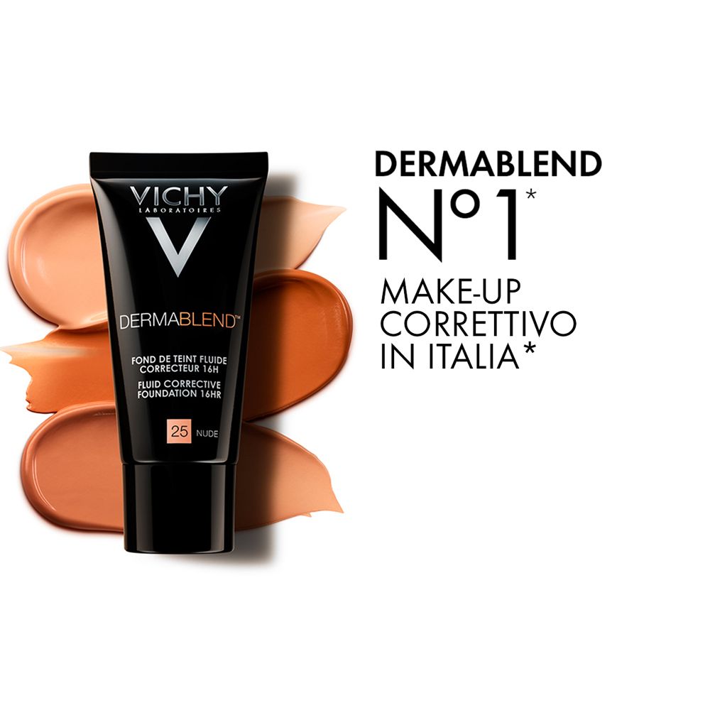 Vichy Dermablend Make-up, Farbton 25 Nude, in Tube. Mit Farbproben.