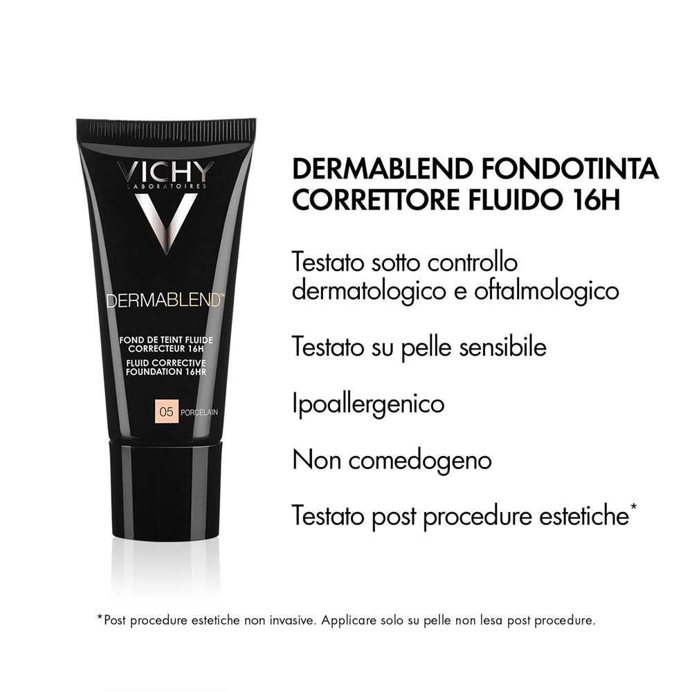 Vichy Dermablend Make-up-Tube. Text: Dermatologisch und ophthalmologisch getestet.