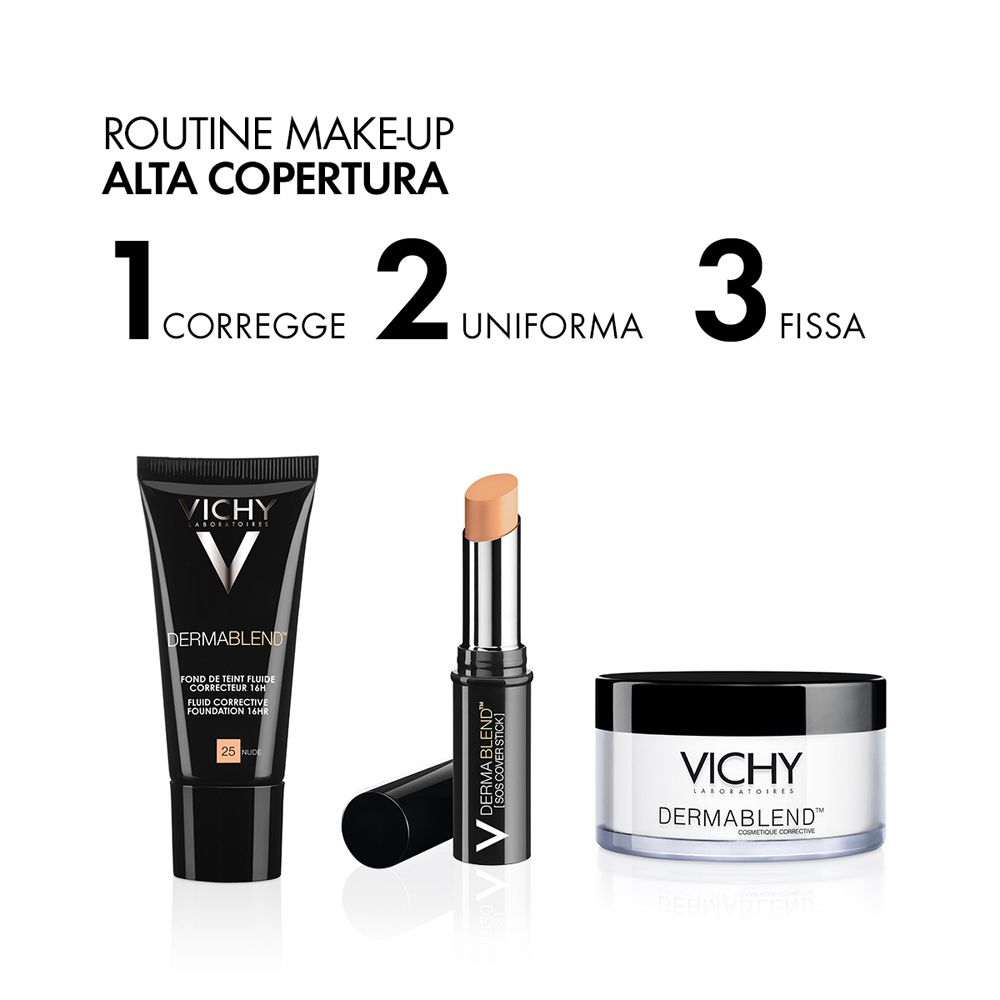 Make-up-Routine mit 3 Produkten: Make-up, Concealer, Puder von Vichy.