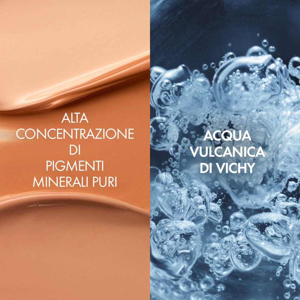 Zwei Hälften: Make-up-Farbe und Wasser mit Blasen. Text: Reine Mineralpigmente.