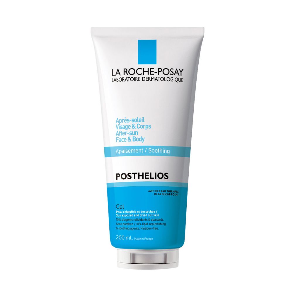 Weiße Tube mit blauem Streifen. Aufschrift: La Roche-Posay, POSTHELIOS, Après-soleil. 200 ml.