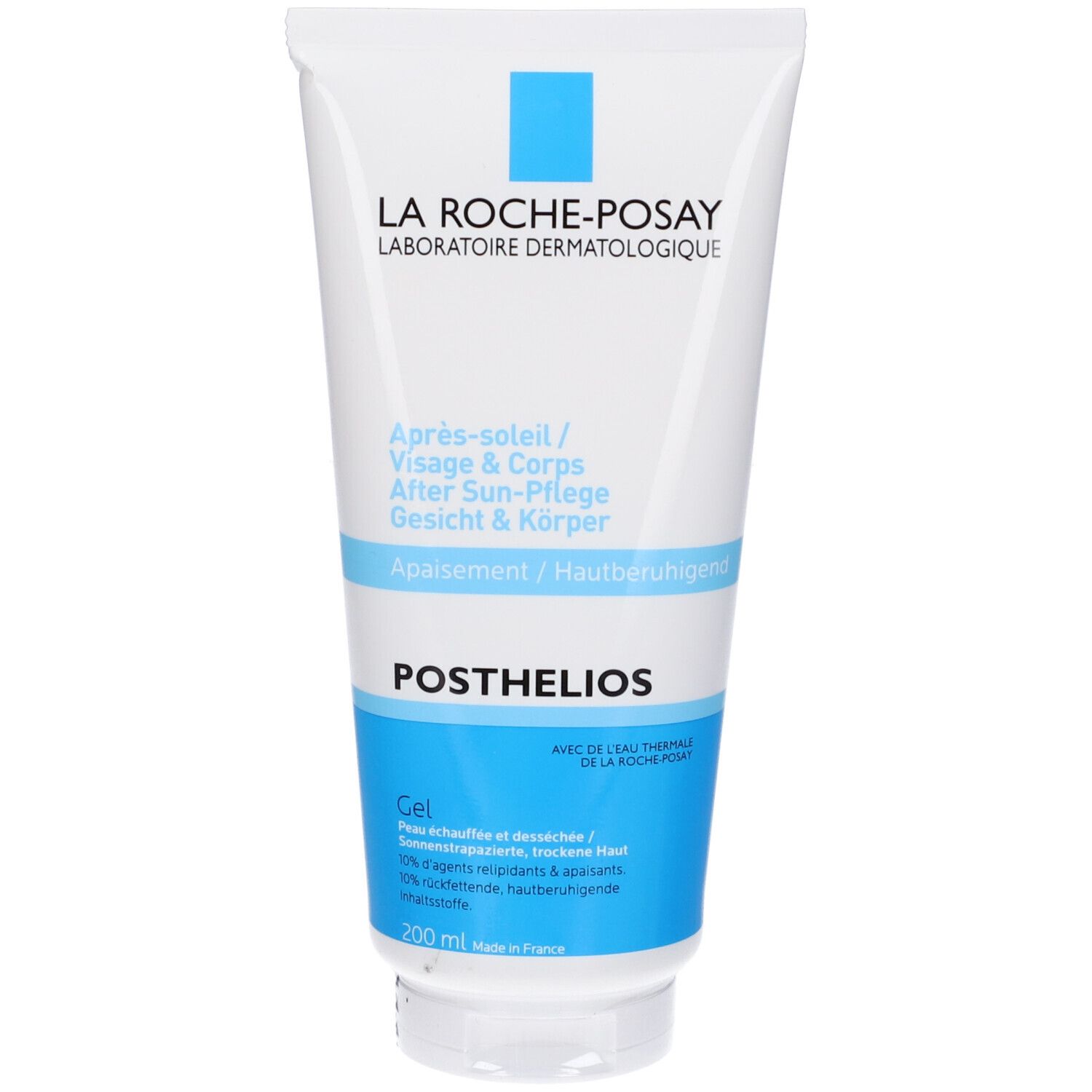 Weiße Tube mit blauem Streifen. Aufschrift: La Roche-Posay, POSTHELIOS, Après-soleil. 200 ml.