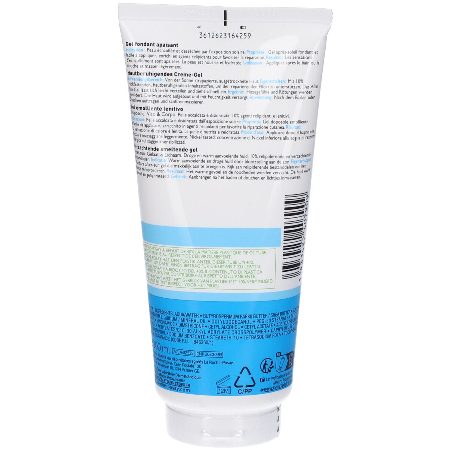 Rückseite einer weißen Tube. Text in mehreren Sprachen. Blaue Streifen. 200 ml. La Roche-Posay.
